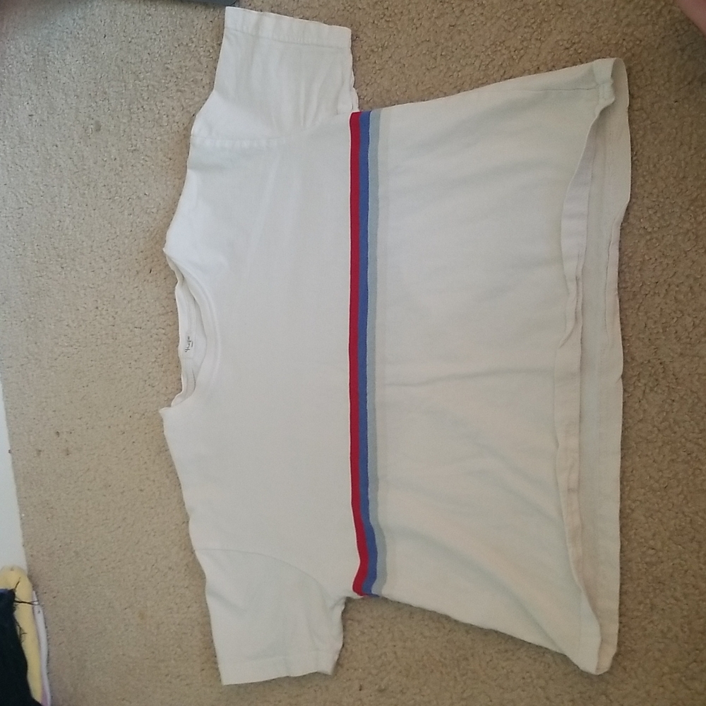 White T-shirt w/ red,blue,grey,cream stripes